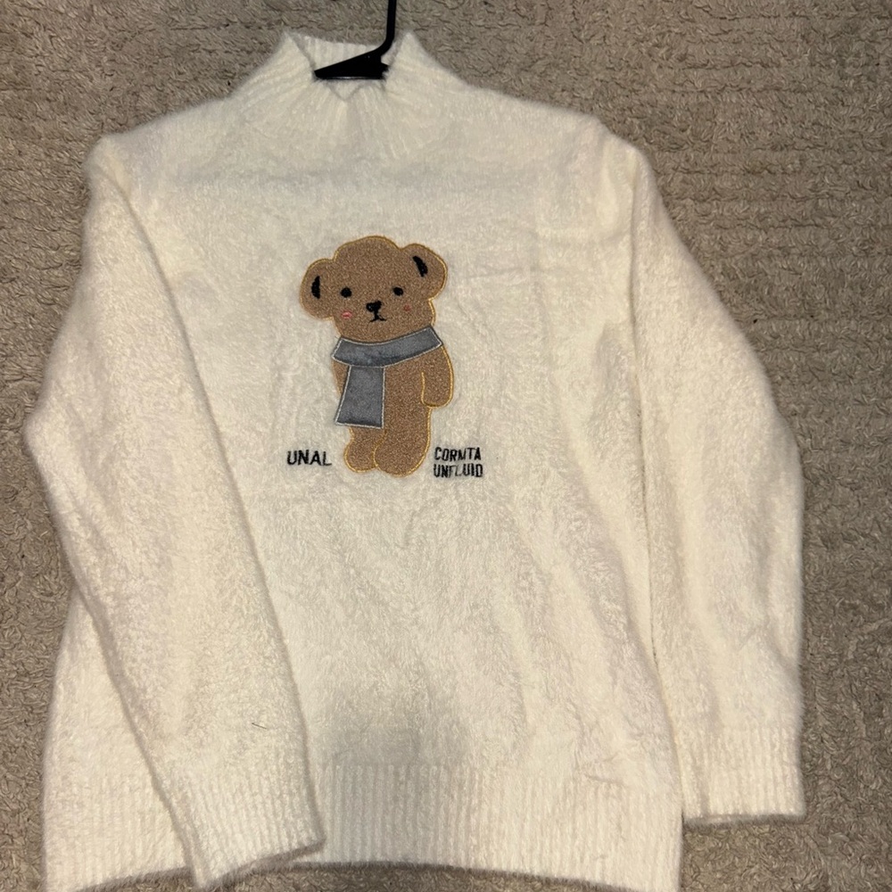 Cozy White Sweater with Bear Design